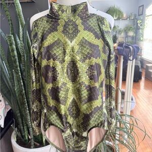 Rhinestoned Green Snake Pattern Leotard